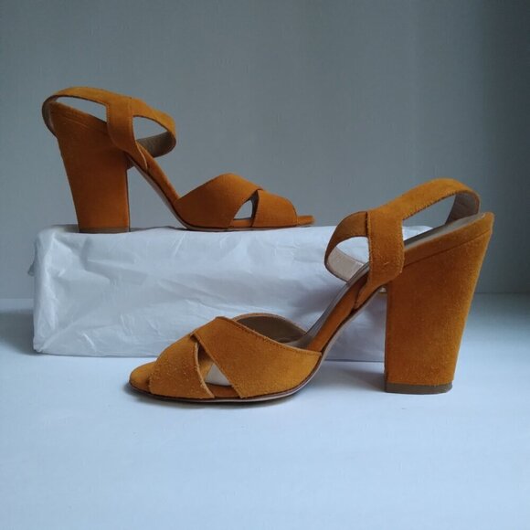 Tapeet Vicinni Orange Suede Ankle Strap Peep Toe Block Heel  Sandals Sz 7 - Picture 8 of 10